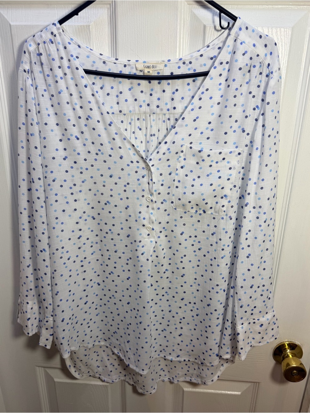 White V-Neck Popover Blouse with Blue Polka Dots